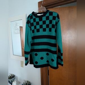 Vintage Queens Way To Fashion Teal and Black Checkered/Polka Dot/Striped Sweater